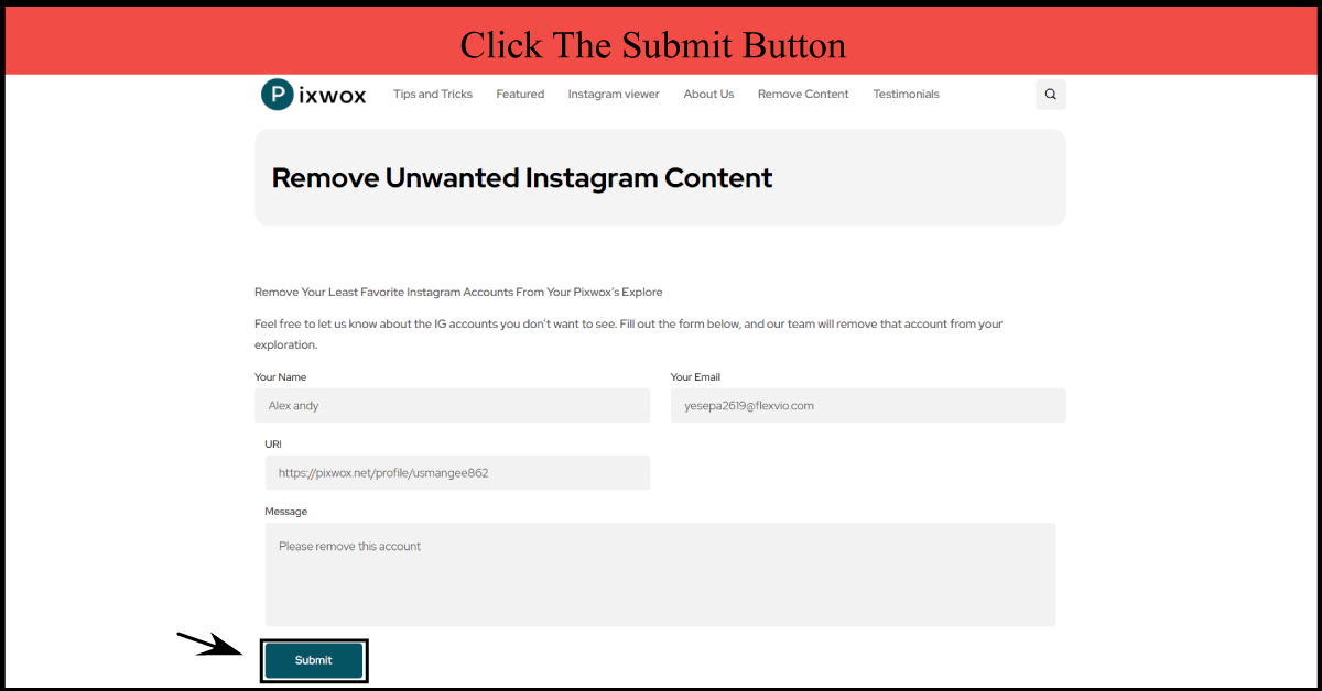 submit request to remove instagram account from pixwox
